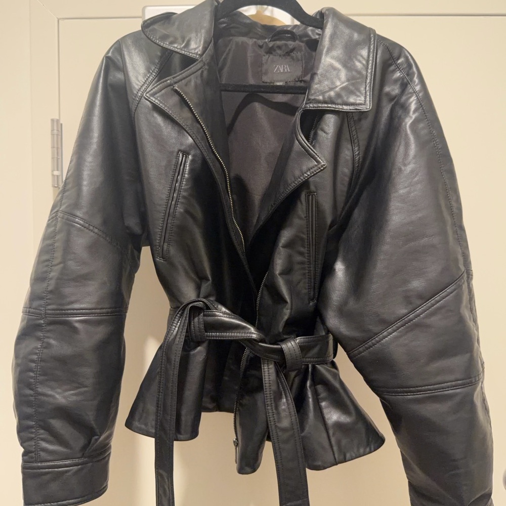 Zara Women's Black Belted Leather Jacket